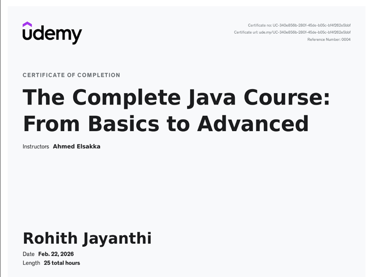 The Complete Java Course - Udemy Certificate