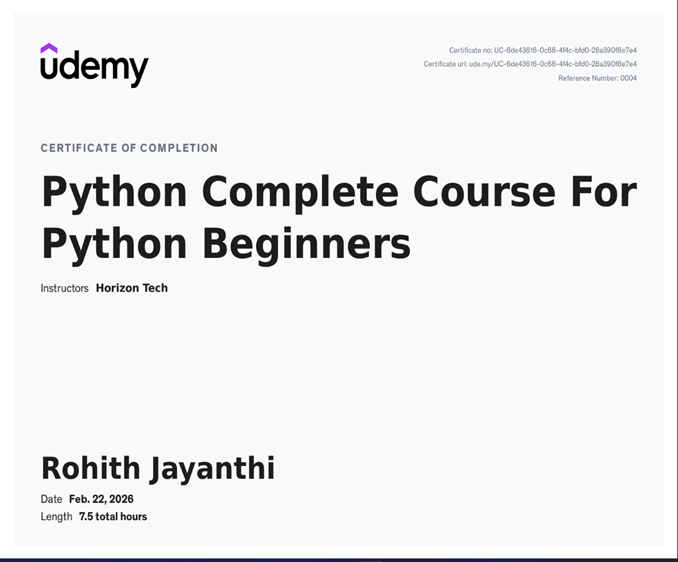 Python Complete Course For Python Beginners - Udemy Certificate